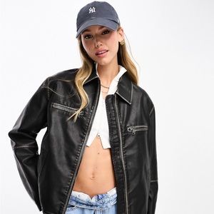 Bershka worn faux leather dad jacket in washed black